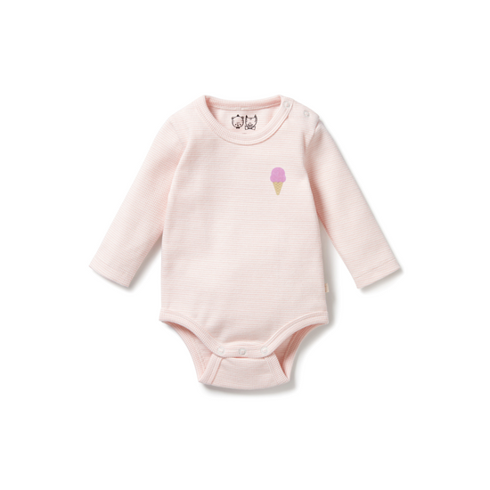 Organic Stripe Rib Long Sleeved Bodysuit in Rain Drop