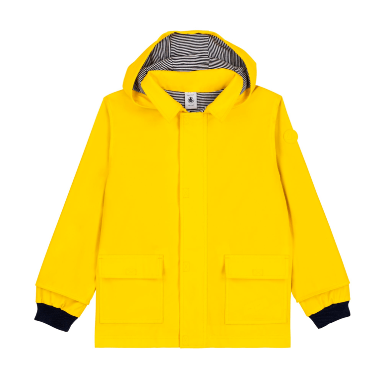 Yellow raincoat with navy cuffs on a white background