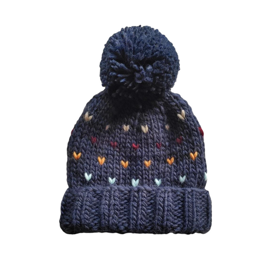 Classic Pom Knit Hat in Navy Hearts