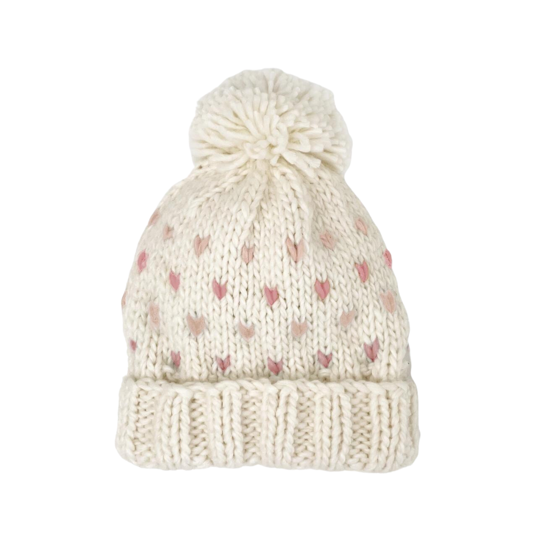 Classic Pom Knit Hat in Pink Hearts