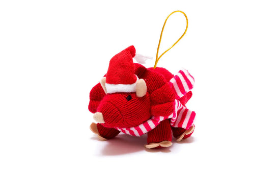 Load image into Gallery viewer, Knit Red Triceratops Christmas Ornament
