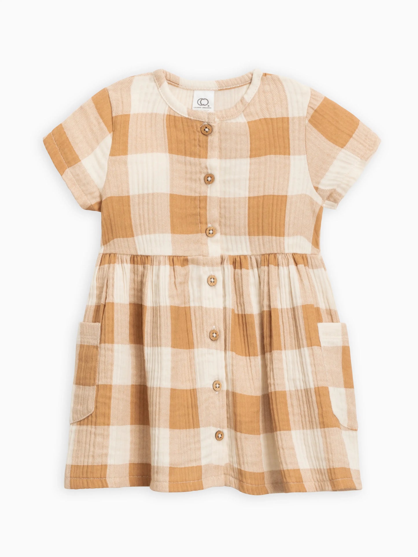 Load image into Gallery viewer, Organic Cotton Mabel Muslin Button Dress in Mustard Check
