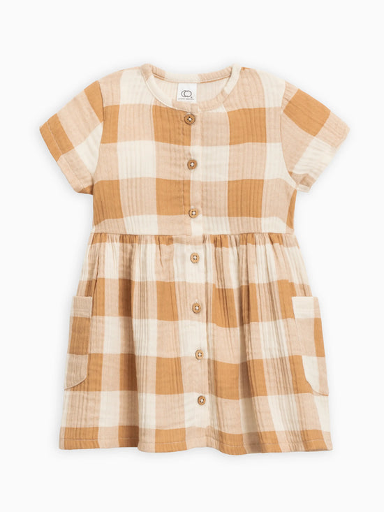 Load image into Gallery viewer, Organic Cotton Mabel Muslin Button Dress in Mustard Check
